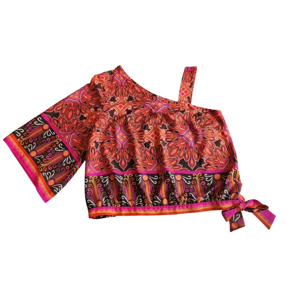 Chico's Women One Shoulder Blouse Pink Orange Medallion‎ Print Size 2